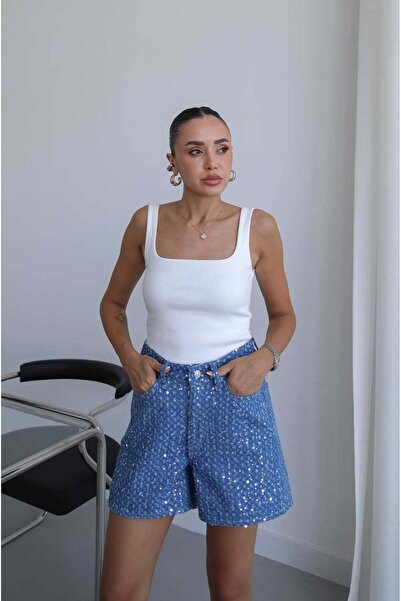 Havoş Dark Blue Sequined Denim Shorts