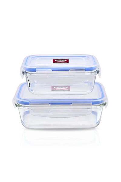 Feelings Glass Storage Box With Blue Silicone Lid 2 Pieces Clear 600+400ml