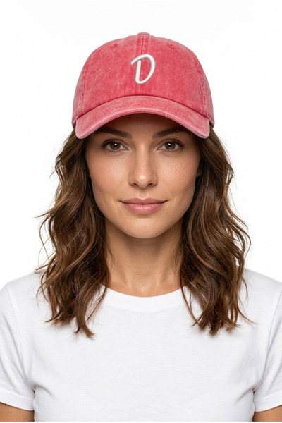 ŞapkaMania Red Embroidered Washable Vintage Unisex Hat with Letter D