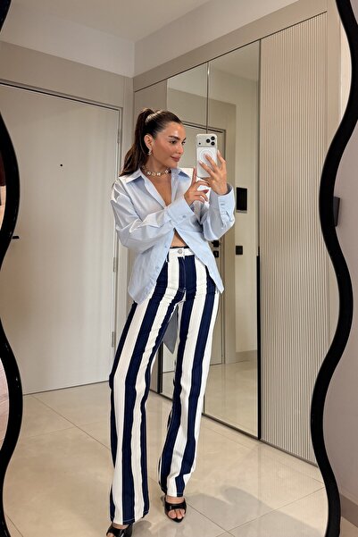 Gizem Ecemiş Rhin Lacivert Beyaz Çizgili Yüksek Bel Jean