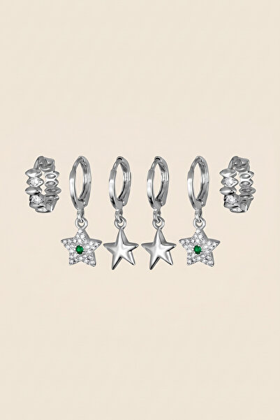 Hetra Silver Color Steel Green Stone Star Figured Dangle Hoop Earrings Set of 6