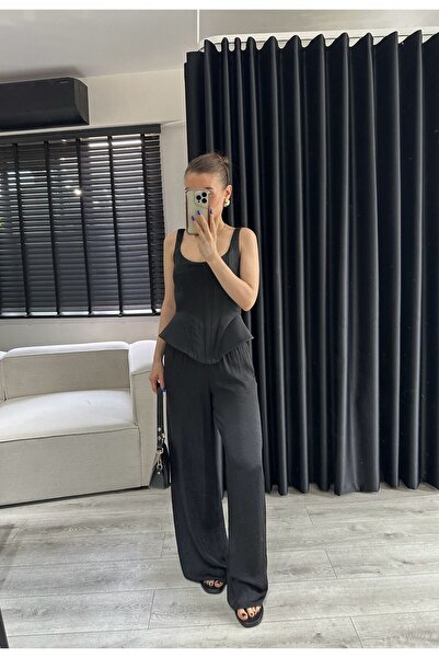 Özgece BELİ LASTİKLİ KAHVE SATEN PANTOLON