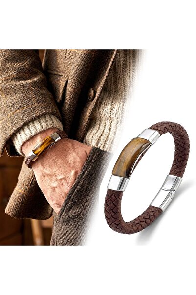OGHAMAY Cat's Eye Natural Stone and Leather Steel Bracelet 18394B6D2