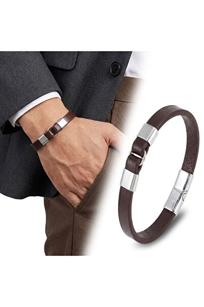OGHAMAY Men's White Steel and Brown Leather Bracelet 18394B4D3