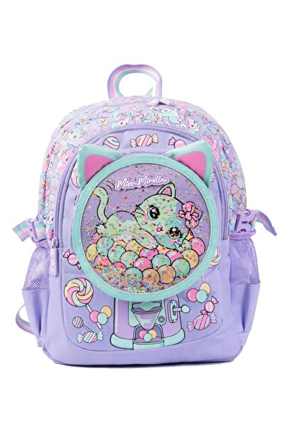 Miss Mirella Three-Compartment Girl's Cat Printed Lilac School Backpack - 26032