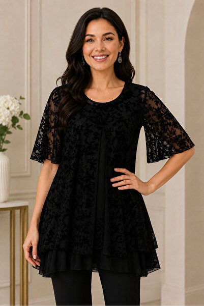 HELVEYS Women's Round Neck Short Tulle Sleeve Floral Patterned Lycra Lined Lo...