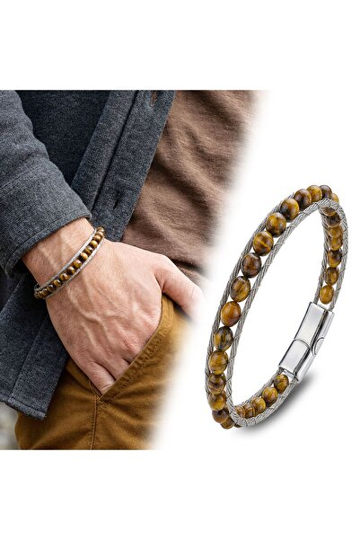 OGHAMAY Steel Rope and Tiger's Eye Natural Stone Bracelet 18392B2Dh13
