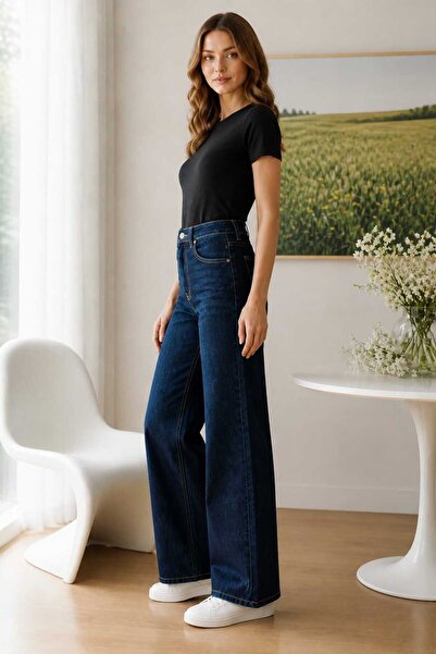 Lyra - Denim, Likralı Yüksel Bel, Bol Paça, Salaş Kadın Kot Pantolon