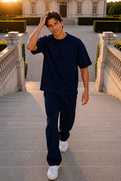 Runades Men's Oversize Summer Tracksuit Set Wide-Legged Bottoms Short-Sleeved...