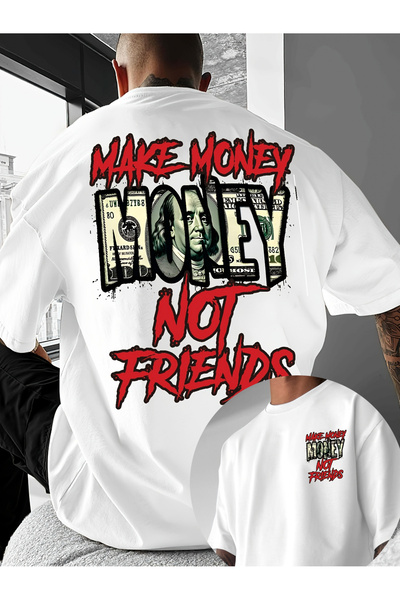 1001 Line تي شيرت مطبوع عليه الشعار "MAKE MONEY NOT FRIENDS" يتميز بتصميم أما...