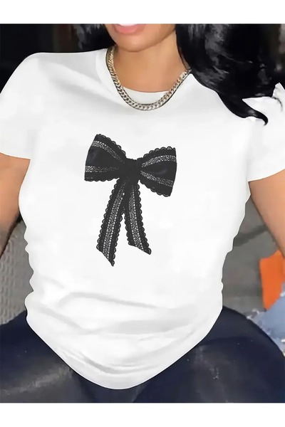 1001 Line Short Sleeve T-Shirt with Sparkly Bow Design, Made of Durable cotto...