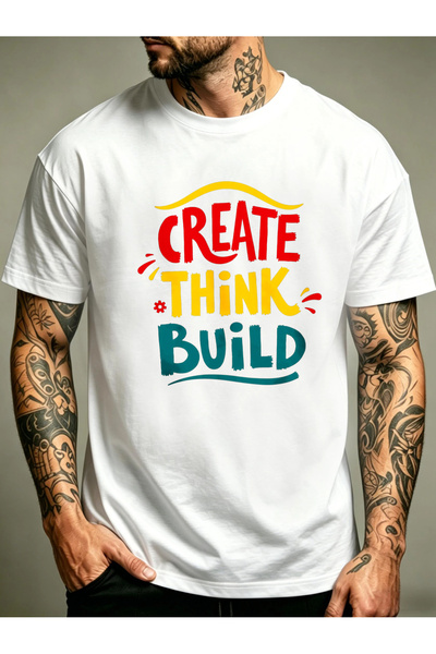 1001 Line تي شيرت رجالي بتصميم Create Think Build Graphic Design برقبة مستدير...