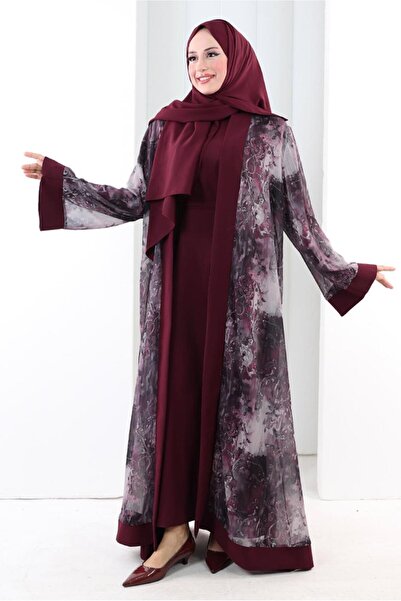 TRENDTESETTÜR KADIN BORDO ŞALLI KUŞAKLI ABAYA TAKIM T 7807