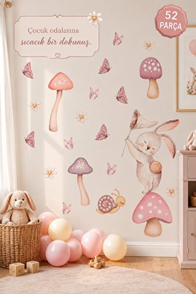 MSticker Pastel Cute Rabbit Wall Sticker Set 52 Pieces |   Mushroom, Butterfl...