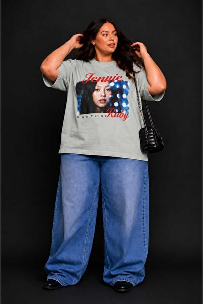 ZAVIXO Büyük Beden Kadın Oversize Jennie Baskılı Basic Tişört Bisiklet Yaka K...