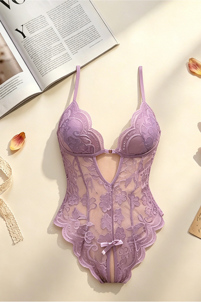 Generic Soft Lavender Floral Lace Bodysuit, Elegant Sheer Mesh Lingerie One P...