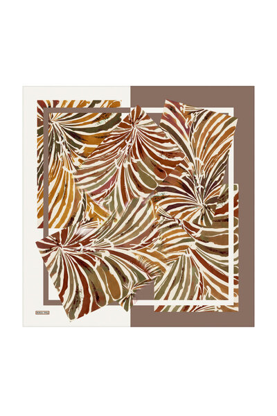 Bursa İpek Ecru Tropical Pattern Twill Silk Scarf