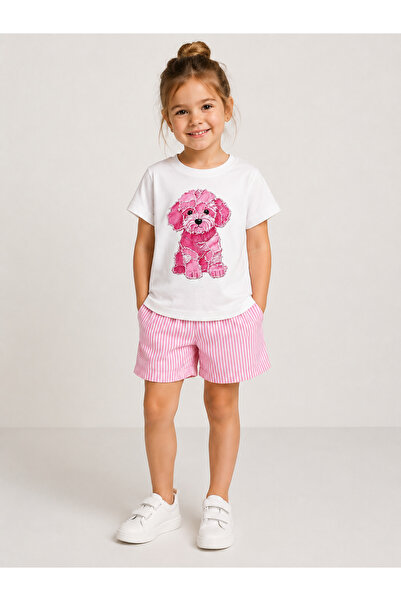 MORNİNG KİDS Kız Çocuk Pembe Köpek Baskılı Beyaz Tshirt-Pembe Çizgili Şort Takım