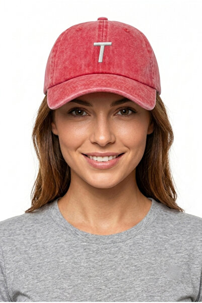 ŞapkaMania Red Embroidered Washable Vintage Unisex Hat with Letter t