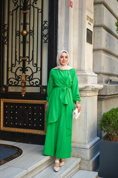 LOCCO Women's V-Neck Waist Tie Suit Green