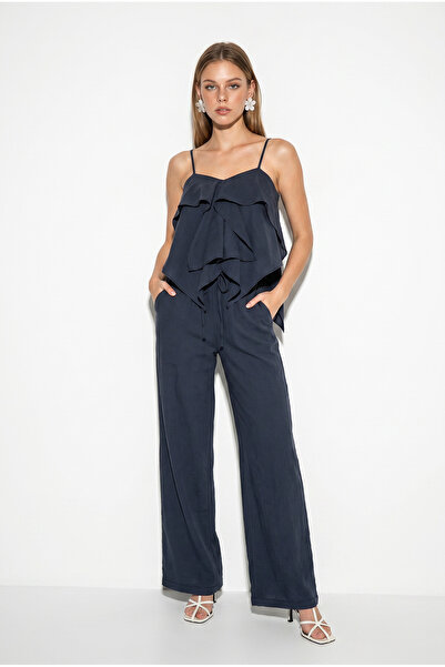 Bianco Lucci Women's Strappy Ruffle Detailed Blouse Loose Pants Modal Suit Dt...
