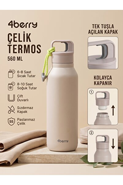 4 Berry Çelik Termos 560 ml Paslanmaz Çelik Çift Duvarlı Sızdırmaz Kapaklı As...