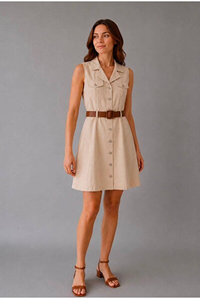 ON6STORE16 Gabardin Kemer Detaylı Düğmeli Mini Elbise