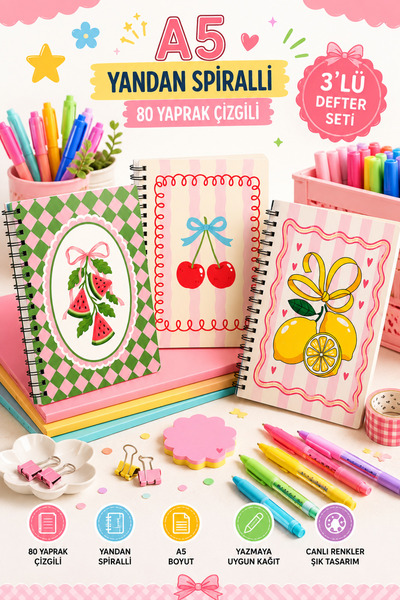Panda A5 Side Spiral Notebook Set of 3 |   Fruit Themed |   80 Sheets Lined N...