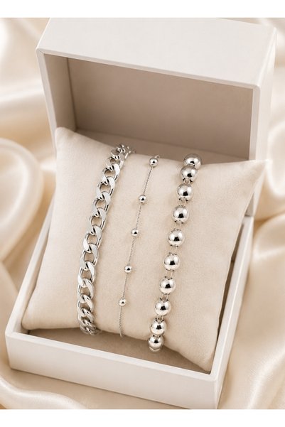 Merand Women's Silver Color 3-Piece Bracelet Set with Chain and Ball Detail, Stylish Combination Bracelet