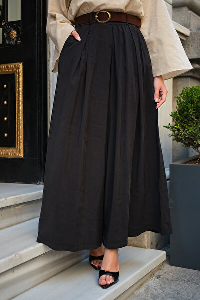 LOCCO Women's Pleated Front, Elastic Waist and Belted Loose Fit Pants Black