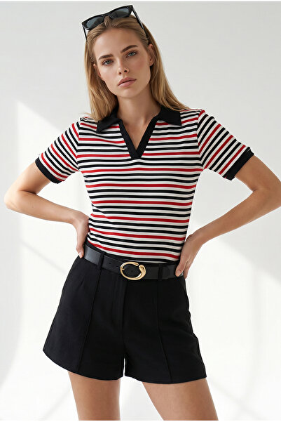 Olalook Women's Striped Black Red Polo Collar Color Detailed Stretch Cotton B...