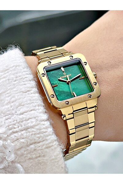 Essence Square Dial Steel Band Gold-Green Color Women Wrist Watch Es6925Mr