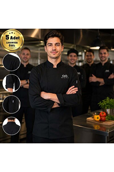 Bk Gift 5 Black Men's Chef Jackets with Your Logo - Gabardine Fabric Professi...