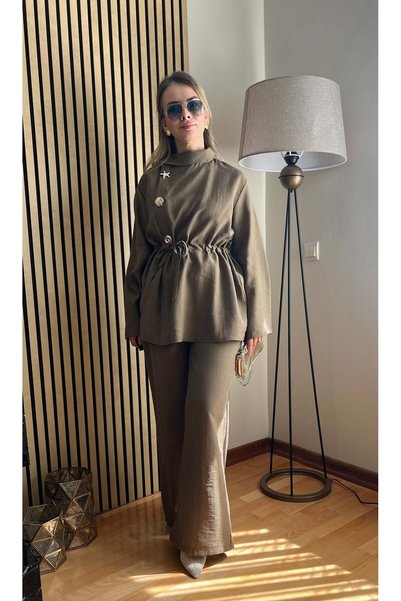 Cardella Vega Premium Tnsl Fabric Gold Accessory Detailed Stylish Double Suit - Hijab Compatible Pantsuit