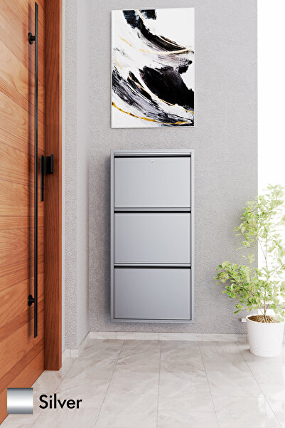 Evdemo Kilitli 3 Kapaklı Metal Ayakkabılık Silver