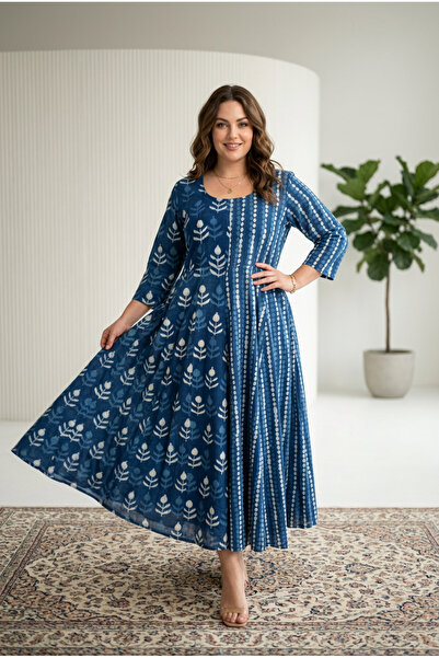 OEM Rochie midi din bumbac imprimat manual Indigo
