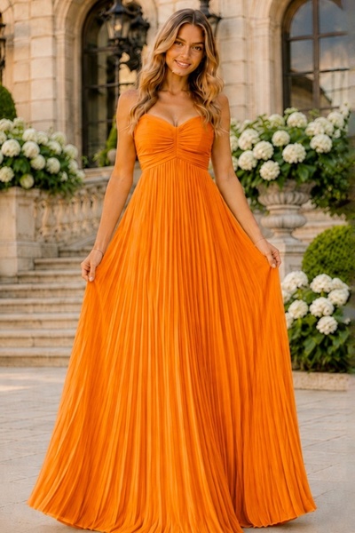 FashionForYou Μακρύ πλισέ φόρεμα NYSA UNI, με δέσιμο στην πλάτη, Πορτοκαλί