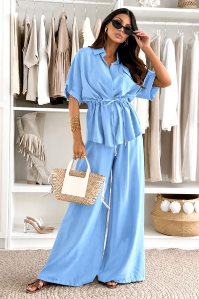 FashionForYou Costum supradimensionat AZMIRA, bluză aerisită și pantaloni lej...