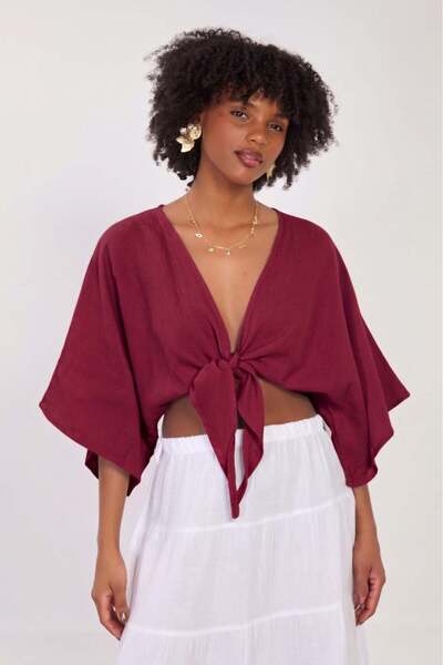 BARRELS AND OIL Women's Tie-Front Crop Blouse - Burgundy