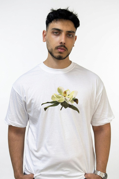 Anetos Magnolia Flower Design Printed Oversize White T-Shirt