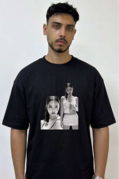 Anetos Tricou negru supradimensionat cu imprimeu Jennie Kim_3 Design