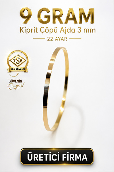 Aks Gold 22 Ayar TSE Belgeli (9 GRAM) 3 mm Kibrit Çöpü Ajda Altın Bilezik İşç...