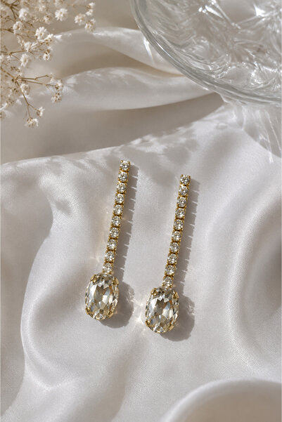 Sylvera Shop Oval Kesim Taşlı Sallantılı Abiye Şık Küpe (Gold Renk)