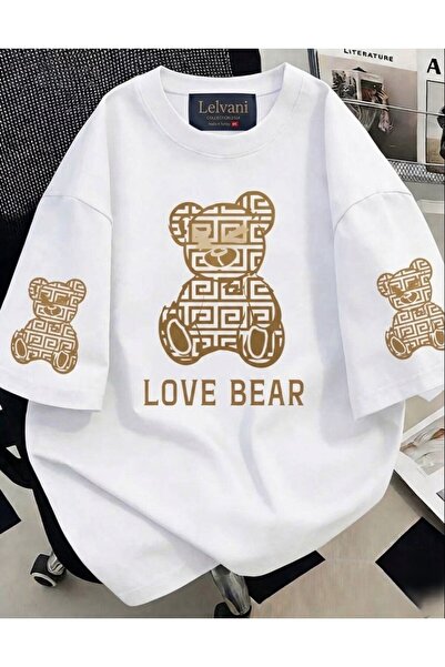 LELVANİ Unisex Love Bear Sleeve Detail Printed Crewneck T-Shirt