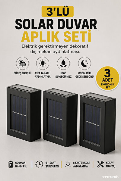 septembris Lumora 3'lü Solar Çift Taraflı Duvar Lambası Güneş Enerjili Bahçe ...