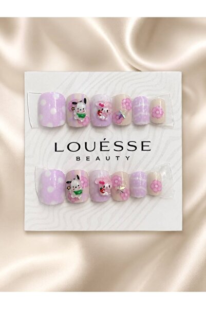Louesse Beauty Takma Tırnak 3D Kore Kawaii Tavşan Pembe Mavi Press On Nail
