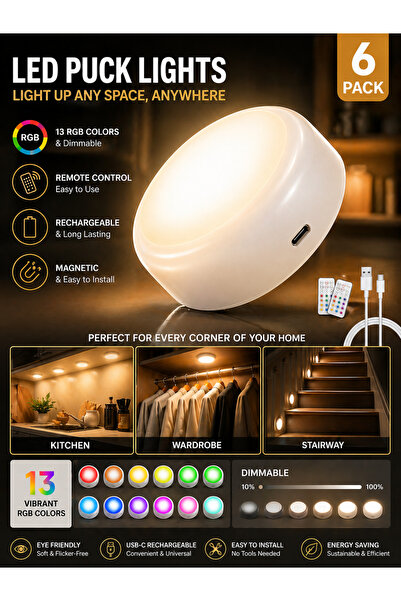 Ump Rechargeable Puck Lights (6 Pack), Under Cabinet Magnetic Lights, Timable...
