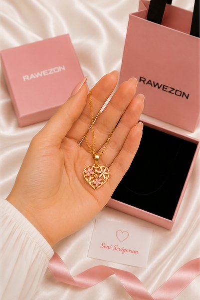 RAWEZON Gift Konspet Steel Heart Necklace Gift Set |   Gift for Lover, Gift for Woman, Gold Pink Flowered Box with Bag