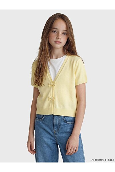 LC Waikiki Lcw Kids Yellow V-Neck Bow Detail Girls' Knitwear Cardigan