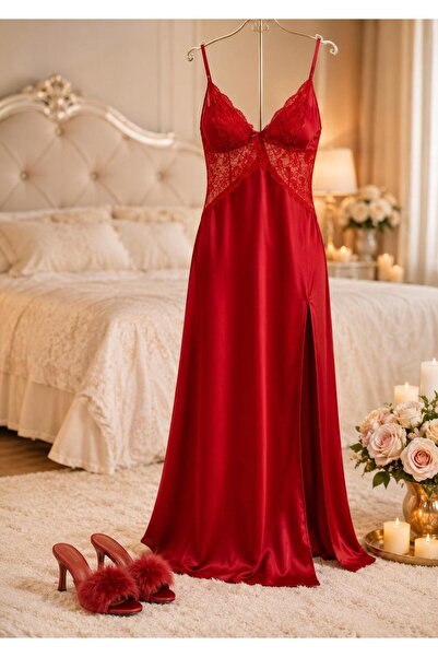 ROZELT Red Satin Dowry Box Nightgown and Slipper Set - Elegant Bridal Trunk S...